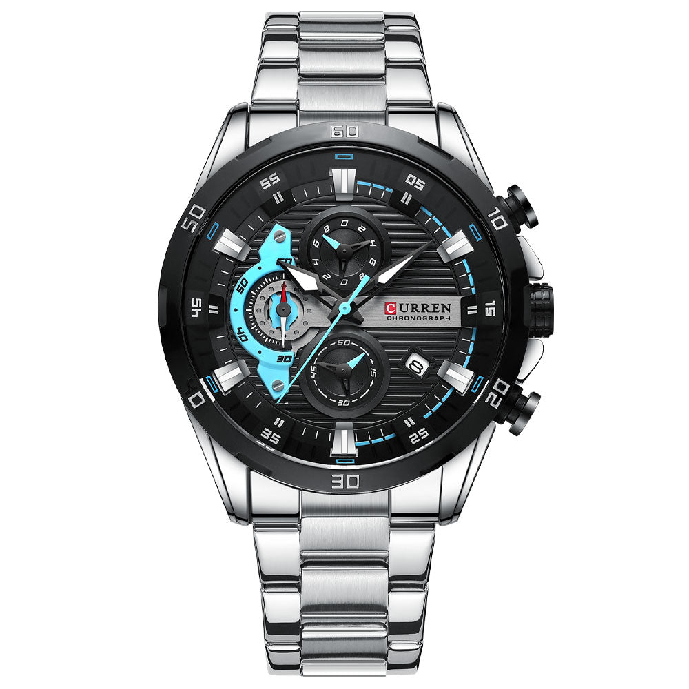 Curren Orologio Uomo Multifuso 8361, Quadrante 48mm, Acciaio, Movimento Quarz Giapponese, Nero